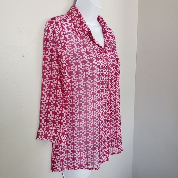 Downeast Basics Small Magenta Pink Chiffon Blouse White Polka Dot Button Up Top - Picture 6 of 9